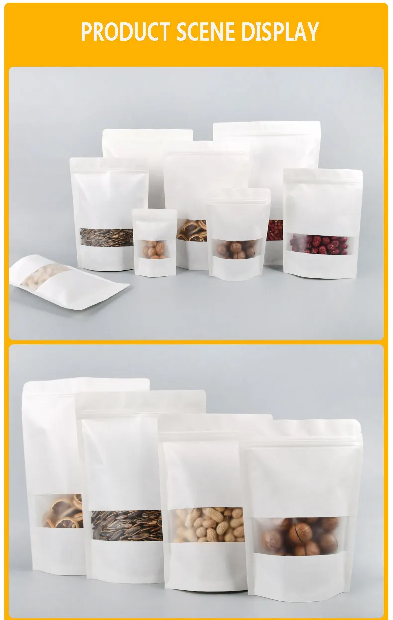 50pcs white kraft paper bags stand up Zipper/zip lock candy tea dried fruit gift packaging Moisture-proof open window pouch