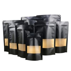 Black Kraft Paper Stand Up Zip Lock Bags With Window Resealable Biscuits Coffee Bean Snacks Craft Paper Packaging Pouches