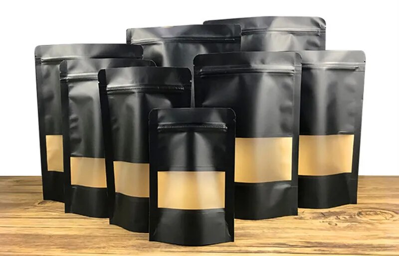 Black Kraft Paper Stand Up Zip Lock Bags With Window Resealable Biscuits Coffee Bean Snacks Craft Paper Packaging Pouches